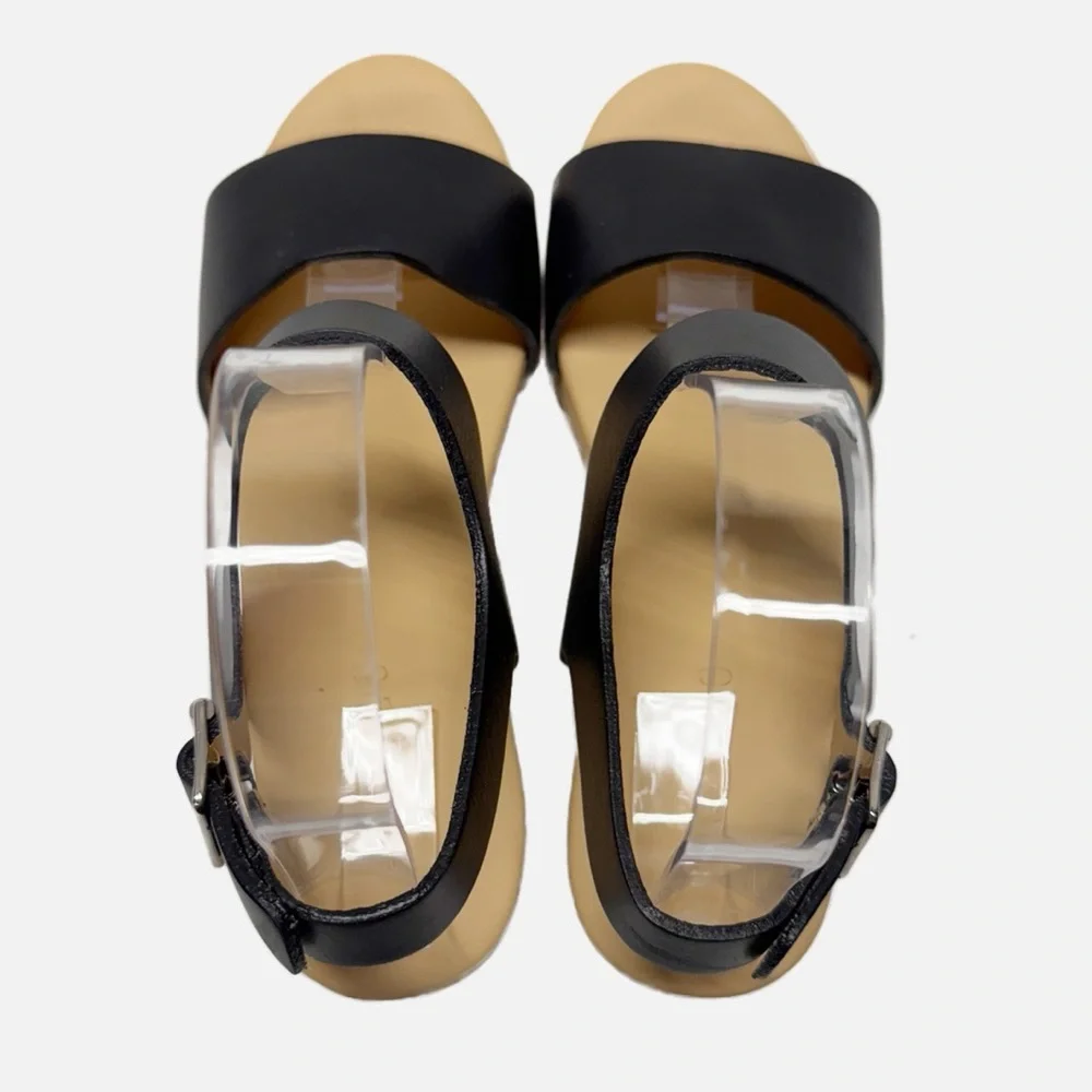 Nisolo Black Leather Platform Sandal with Wood Heel